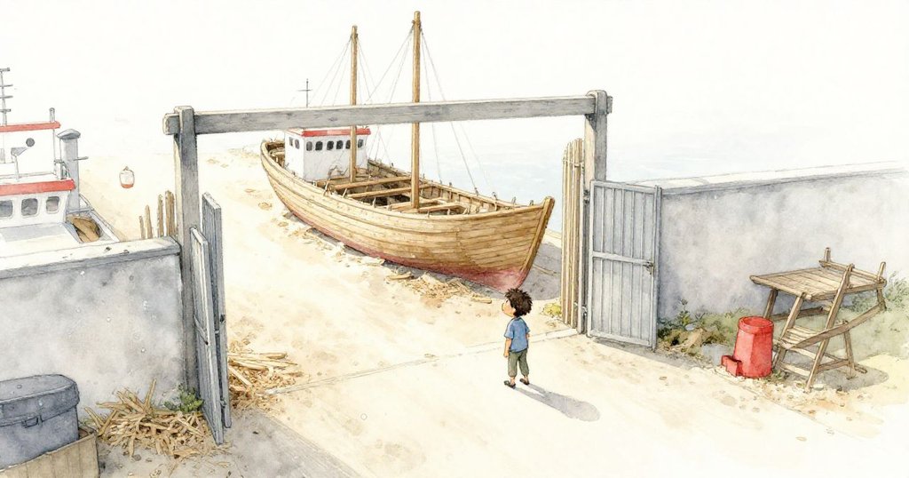 菲恩在清晨曙光中站在船廠入口，眺望濕潤鋸末與未完成船體，神情充滿期待與好奇，遠景展現大範圍工地。