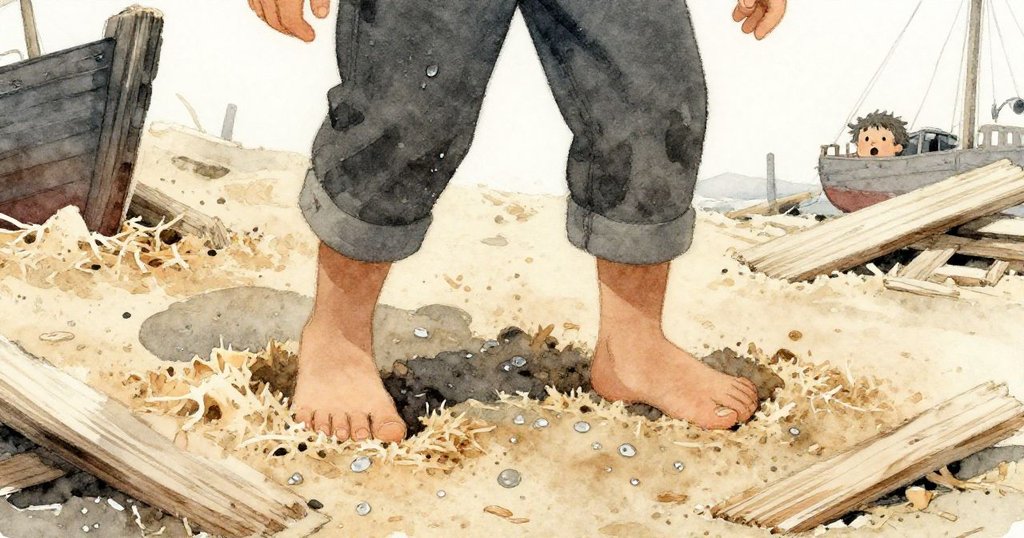 菲恩小心踏過濕潤鋸末，每一步留痕細膩展現工地歷史，背景隱約見未完工船樑，動作流露探索之情。