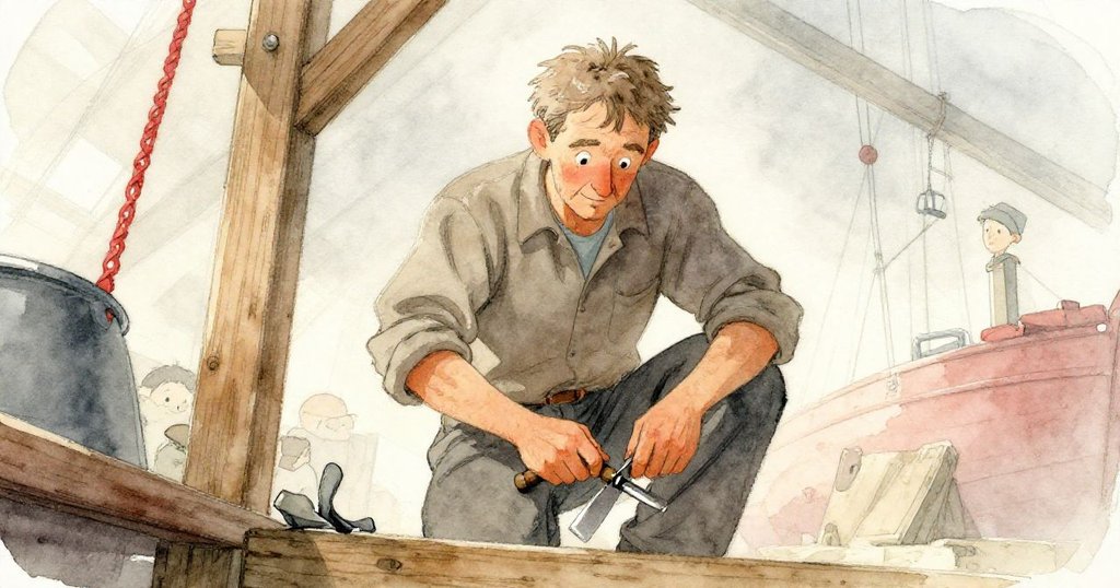 韋德蹲在船樑旁，專注地用布擦拭雕刻工具，臉上流露沉穩認真，低角度展現工地細節與勤勞精神。