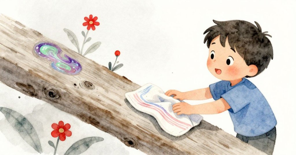 菲恩小心翼翼地用布觸碰木樑上發光樹脂，湛紫與綠色漩渦映襯木紋與鋸末，其動作透露探索與驚奇。