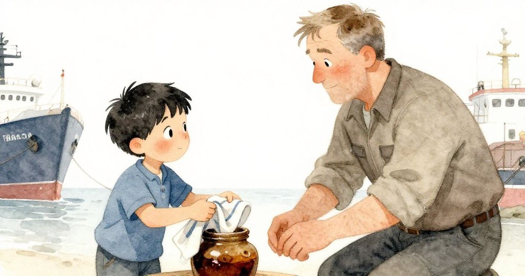 菲恩輕疊著海水染布覆於樹脂瓶上，韋德默然點頭，兩人間流露無聲理解，溫柔光影中締造傳統連結與靜謐決心。