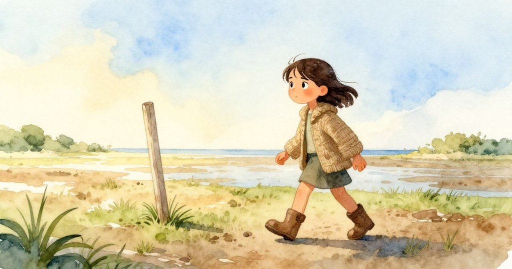 六月走在潮退的海岸泥灘上，目光堅定地望著孤立的淺色木樁，清晨寧靜中透露著期待感