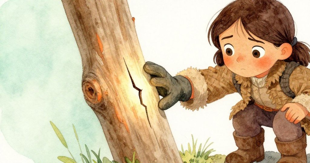 六月細看帶有細裂紋的木樁，手套伸出輕觸受海風吹拂過的木材，溫暖光線映出微妙細節