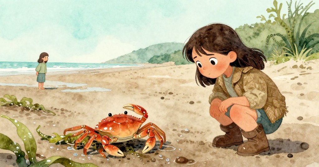 清晨涼意中，六月遠處微現，一隻光亮的螃蟹正爪抓柔軟海帶，泥上點點露珠映襯出自然短暫之美