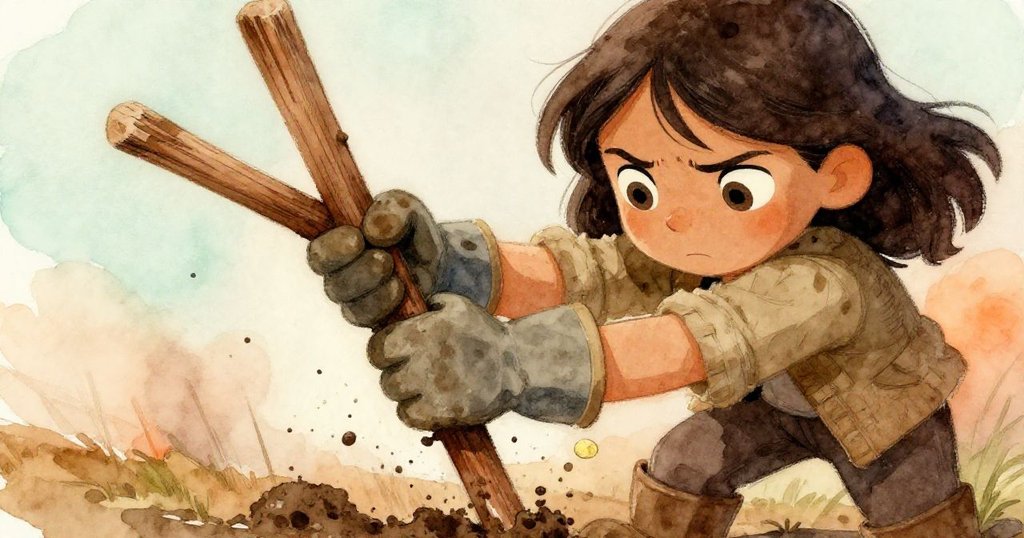 六月專注地扭動古舊木樁，手套濕潤見證泥土軟化與隱藏黃銅光盤露出，臉上流露決心神情