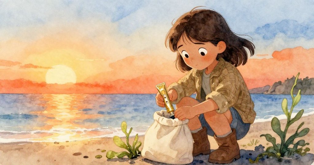 六月溫柔地將細長黃銅管放入帆布袋內，用海帶綁好，海潮低語中映出落日金橙光輝，象徵發現與接受