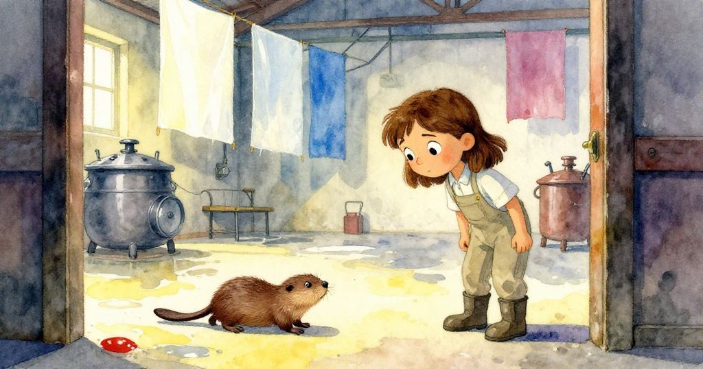 妮娜在陰暗門口注視著工廠內迅速穿梭的水鼴，背景有潮濕地板與滴落紙張，展現故事開端的神秘感。