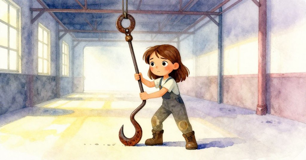 妮娜在空曠工廠中仔細操作生鏽金屬鉤，四周空間突顯她專注與謹慎的神情，敘述進入發展階段。