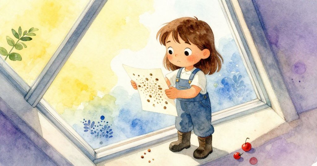 妮娜在天窗柔光下手持摺疊紙張，上面散落秘密般的種子圖案，臉上流露著驚奇與謹慎，敘事進入發展階段。