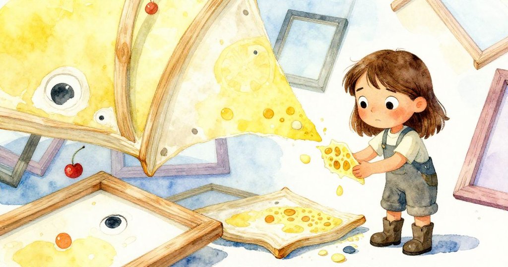 妮娜面對扭曲重疊的紙板與空間錯落的畫框，專注檢視帶柑橘香的紙漿碎片，其細膩旋渦揭示隱藏種子，充滿神秘可能。