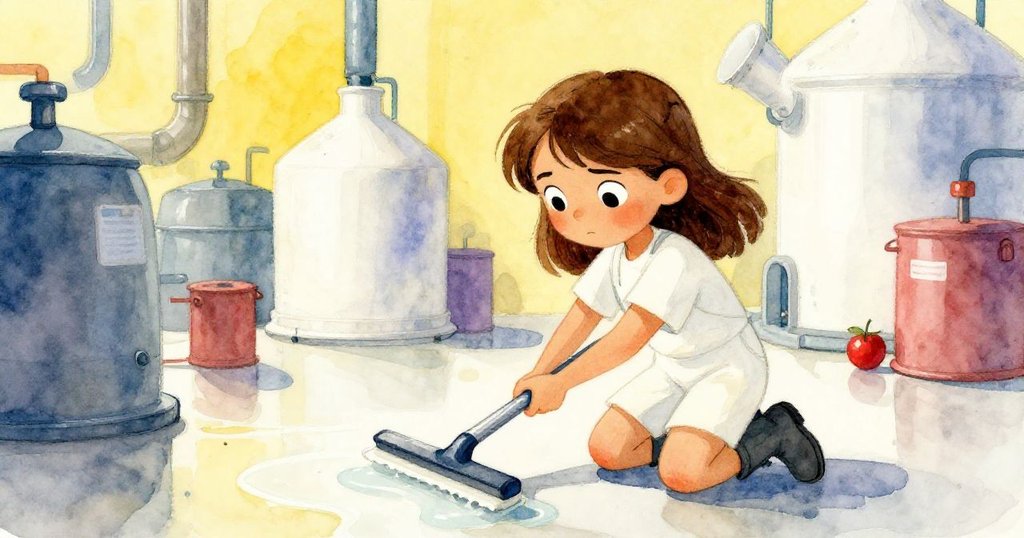 妮娜在濕滑工廠地板上蹲下，表情中透露出掙扎與謹慎地收回黏滑橡膠刮板，故事達到高潮，充滿緊張。