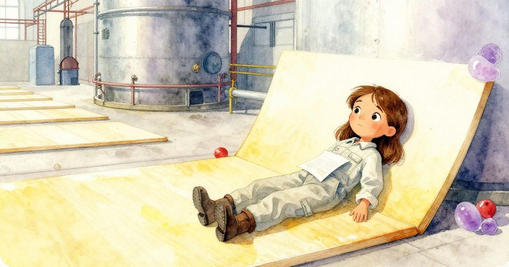 妮娜在溫暖乾燥板旁靜坐休憩，衣內藏有秘密含種子紙張，臉上流露平靜與堅定，故事走向結局。