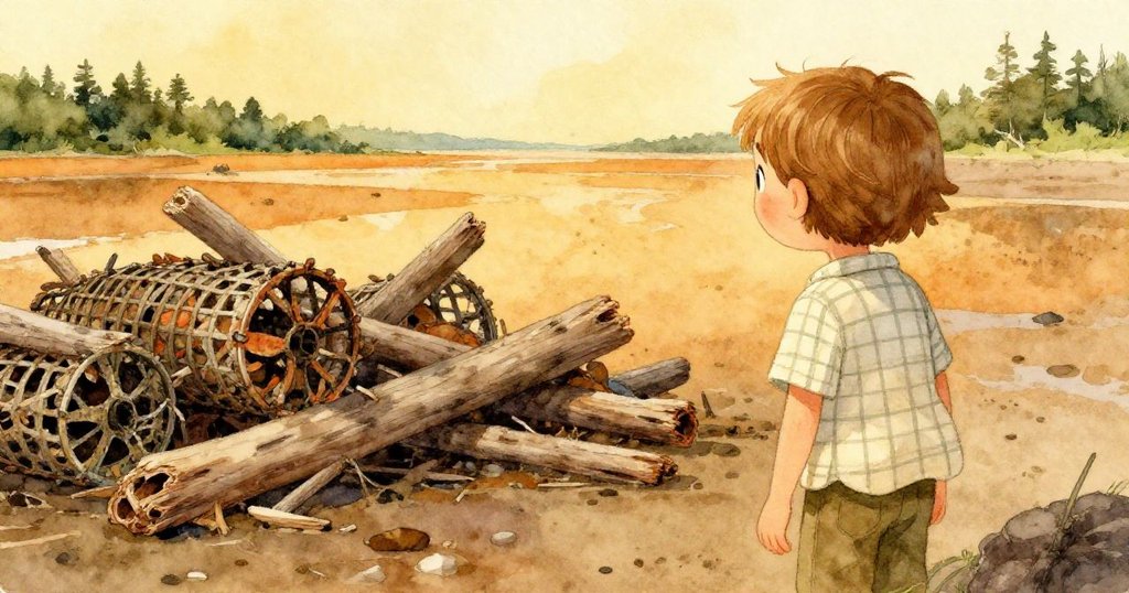 Hazel從背後注視Lars專注堆疊流木，背景中廢棄蟹籃與沙灘細節豐富，情感漸進展開