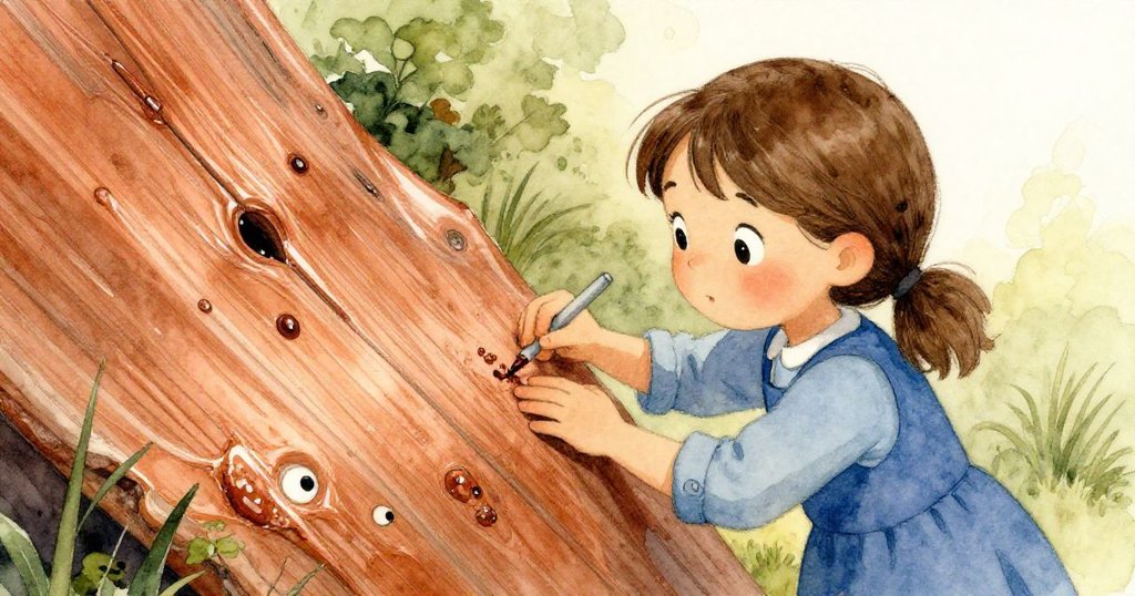 Hazel專注觸摸覆蓋藤壺的舊木板，指尖感受樹脂斑痕，展現對過往歲月的沉思