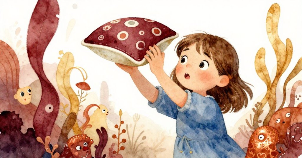 Hazel小心翼翼用海帶襯墊托起易碎陶片，神情充滿驚奇與謹慎，氣氛略顯緊張