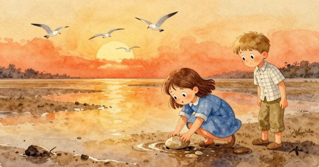 Hazel與Lars站在遼闊潮灘上，海鷗盤旋，潮水上漲，Hazel輕壓陶片於泥中，神秘故事留下懸念