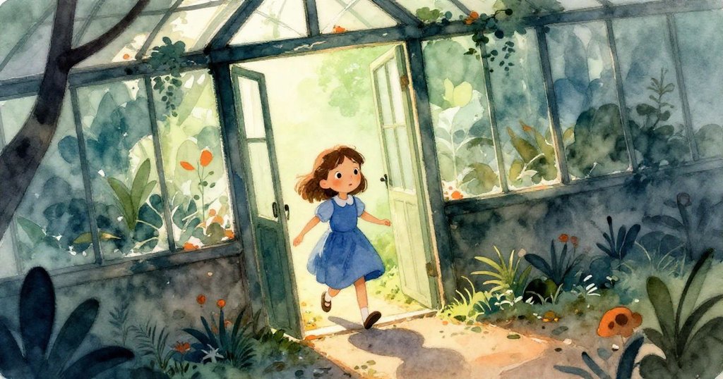 克拉拉從破舊溫室門進入，肩輕觸木框，溫暖綠光照亮室內，表情充滿好奇探索氣息。