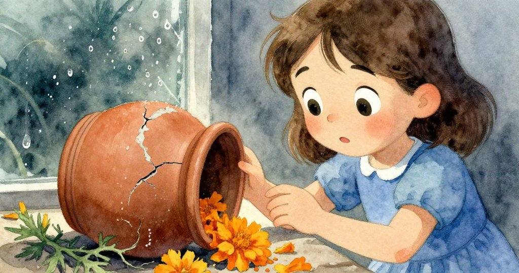 克拉拉靜立於室內，專注注視裂痕陶罐與溢出金盞花根，水珠在玻璃上閃爍，神情充滿好奇。