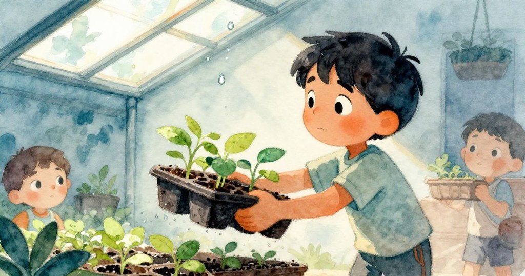 克魯斯出現在溫室內側，傾斜畫面中操作托盤檢查排水，玻璃上水滴潺潺落下，動作專注有序。