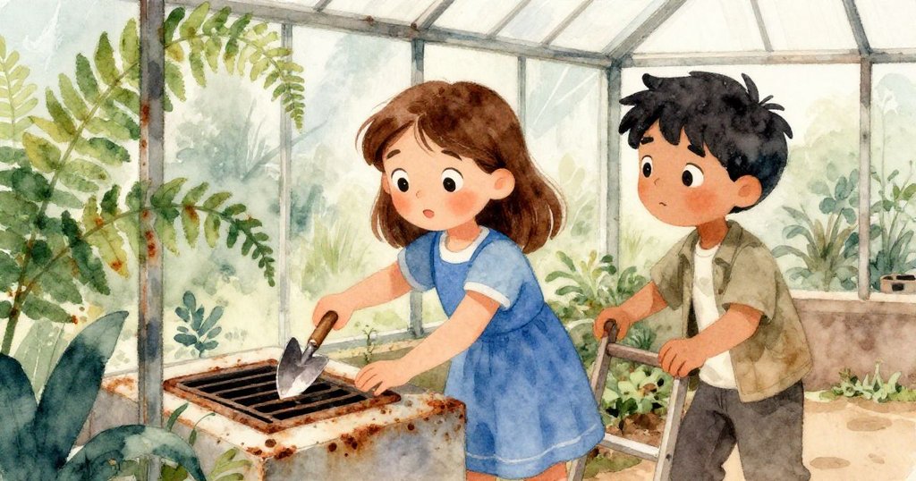 克拉拉與克魯斯合作調整生鏽通風口，清涼風拂入室內，蕨葉隨風搖曳，動作專注充滿解決問題活力。