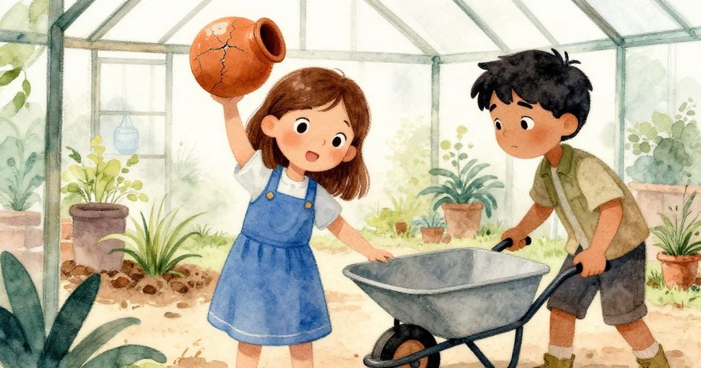 克拉拉舉起陶罐，克魯斯推著手推車清理通道，兩人默契點頭保護幼苗，動作協調互助溫馨。