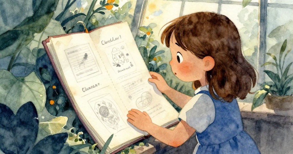 克拉拉彎身細看浸濕筆記，筆跡與葉影交織，紙張輕夾在大葉間，象徵耐心觀察後的溫暖結局。