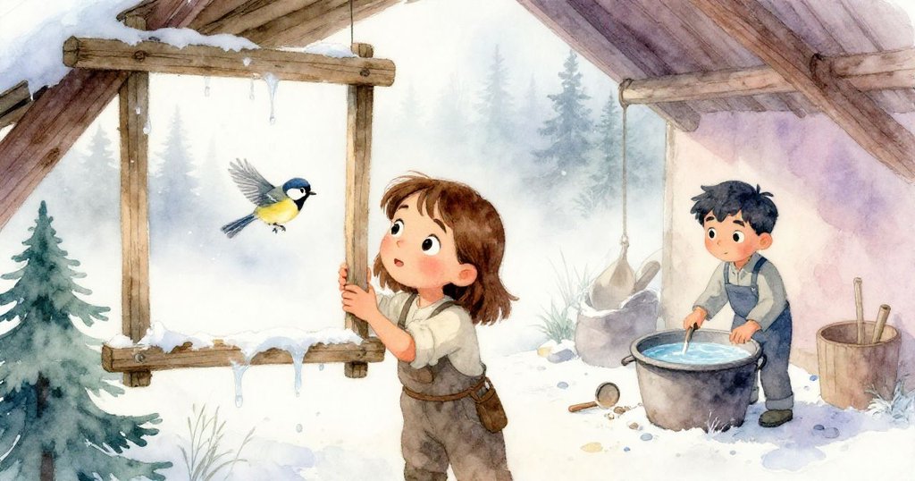 科拉在霧氣瀰漫的老閣樓裡用滴水木框支撐身軀，雀鳥飛舞，迪恩攪拌水槽，表情專注，故事開端展現神秘工作環境