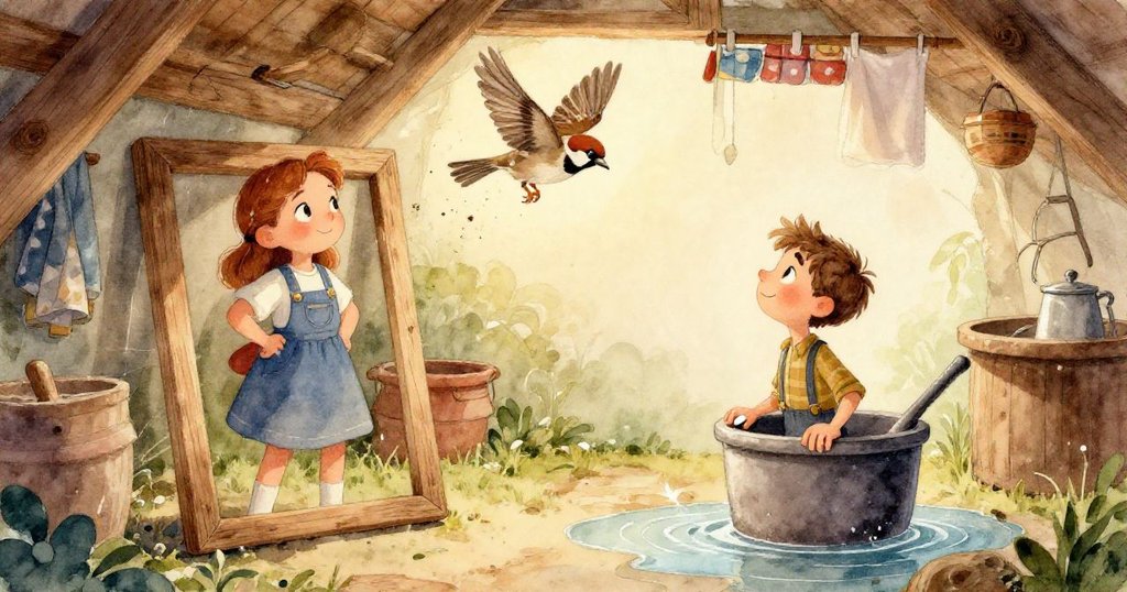 科拉輕輕握住濕潤羽毛，細看滴水木框上的水滴與纖維紋理，光線柔和，情節深入神秘細節