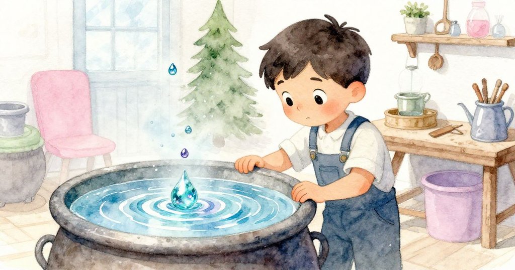 迪恩凝視水槽中閃爍的金屬線與水滴映出藍綠光芒，神情充滿好奇與沉思，情節逐步推向發現新奇