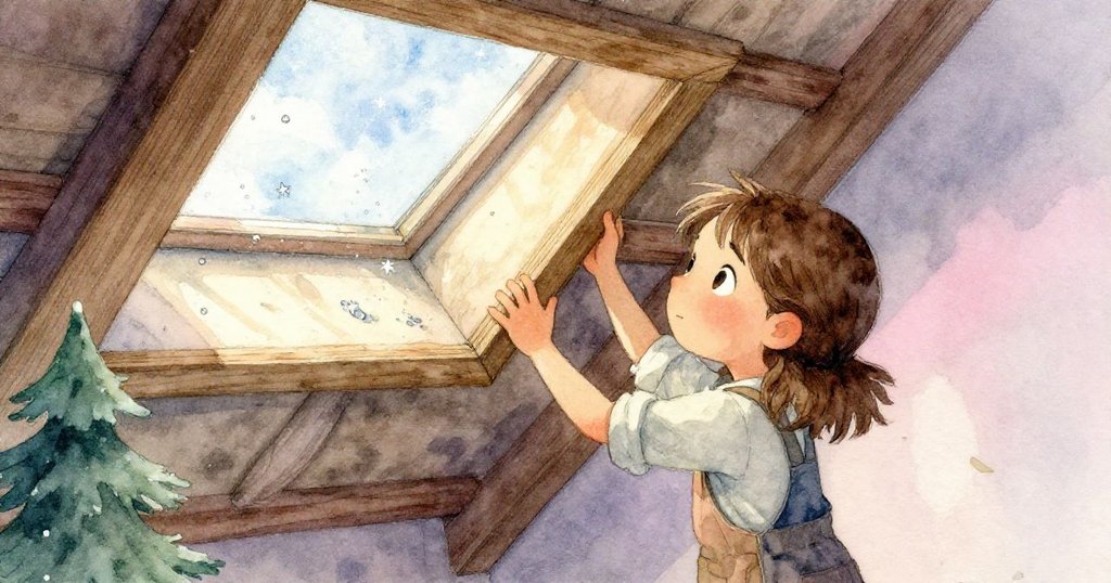 科拉在天窗旁輕輕掀起木框一角，露出隱藏於紙漿中的微光星片，光影交錯，情節邁向高潮