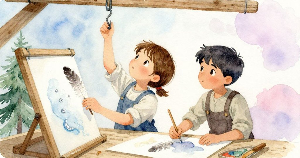 科拉與迪恩默契合作，迪恩伸手掛起天花線鉤，科拉輕挪羽飾紙張，神情專注，展現共同努力的瞬間