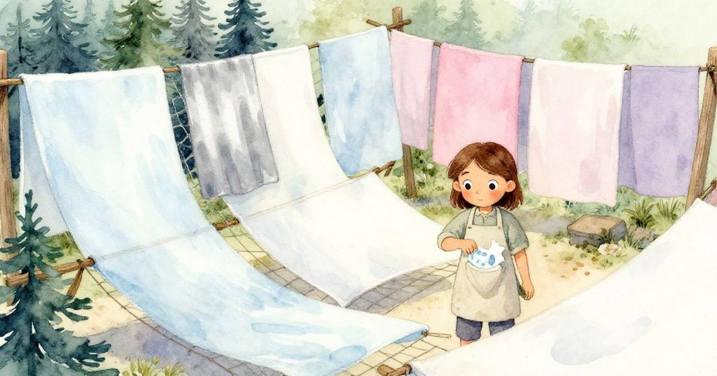 科拉在寬闊的乾燥區輕輕將變形紙頁收入圍裙口袋，背景乾燥紙張映襯出溫柔光影，故事預示著續篇展開