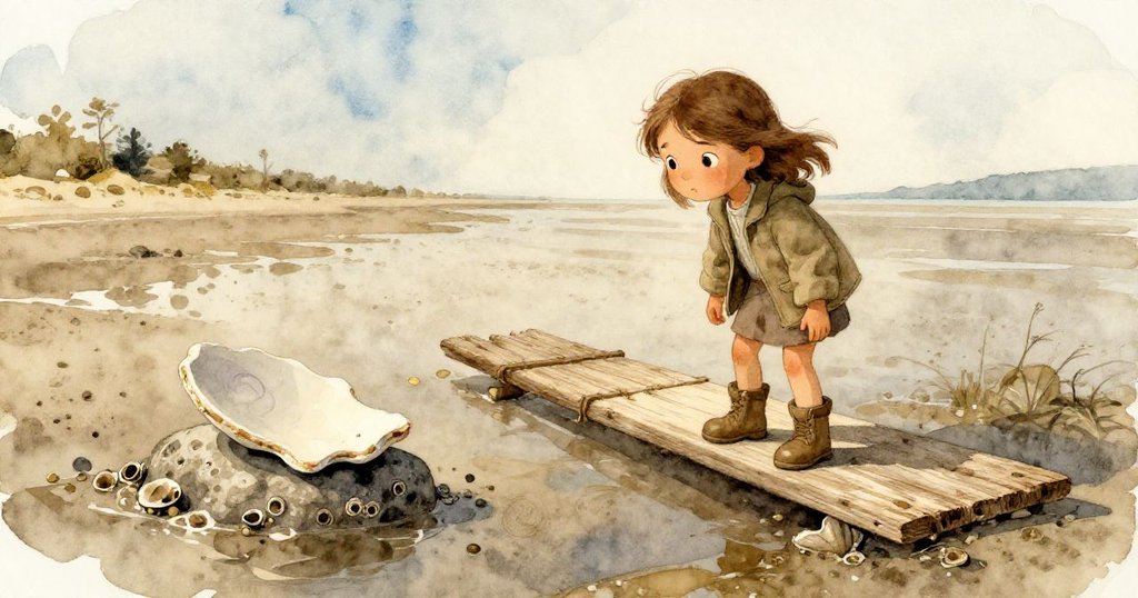 戴娜踩著傾斜木板於海邊低潮泥濘中行走，注意到石上微紫色碎片，表情充滿好奇與警覺。