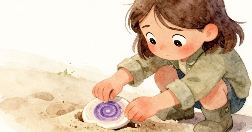 戴娜低頭專注清理碎片上沙塵，眼神驚訝細看微紫色漩渦，充滿驚奇與柔和光影。