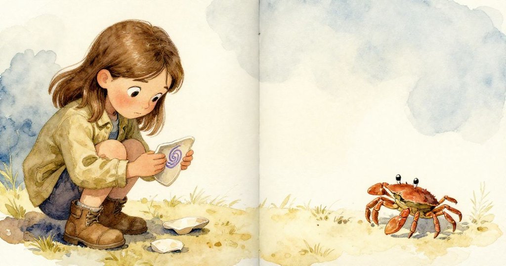 戴娜蹲身細看碎片上的神秘色澤，畫面一側小螃蟹驚慌逃竄，動靜分明呈現海邊風情。