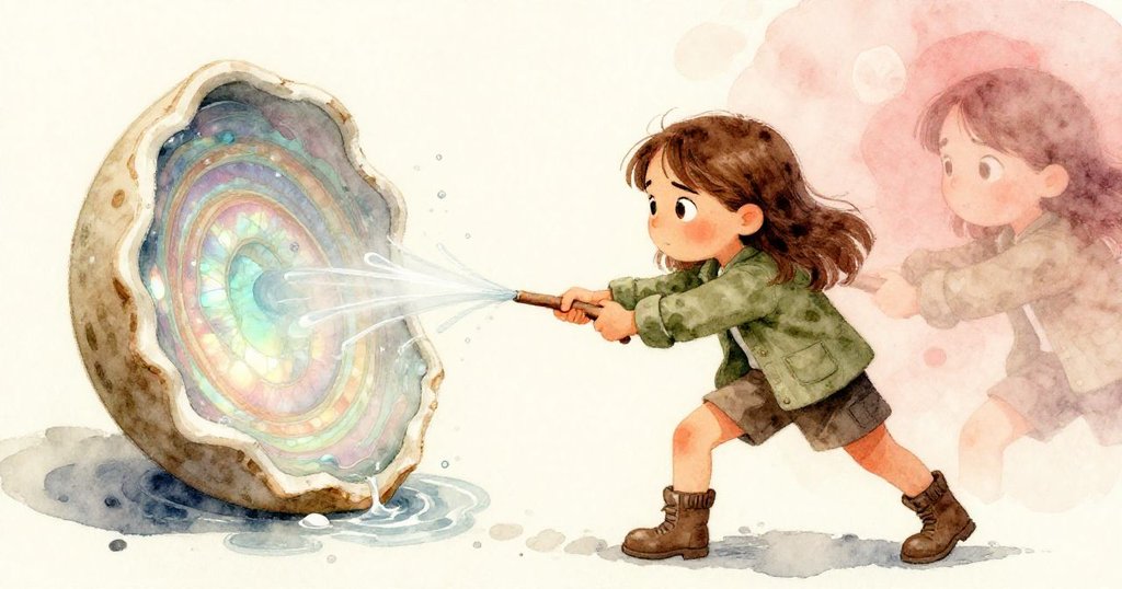 戴娜在溫暖與涼意交錯處拉扯碎片，現實與夢幻並呈，水流與發光紋路神秘交融。