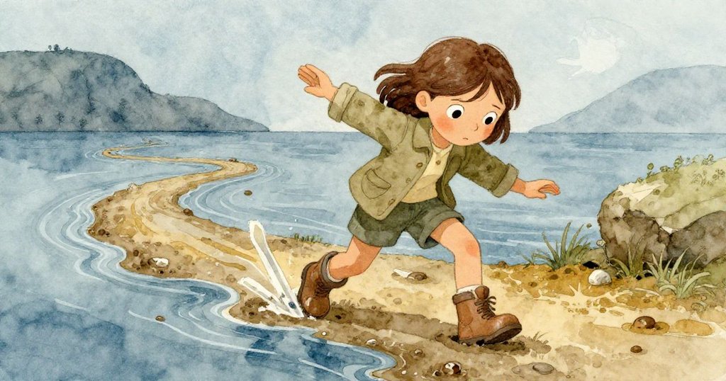 戴娜在濕滑泥濘中努力調整腳步，水流逼近鞋面，她緊握碎片，表情堅毅滿懷緊張。