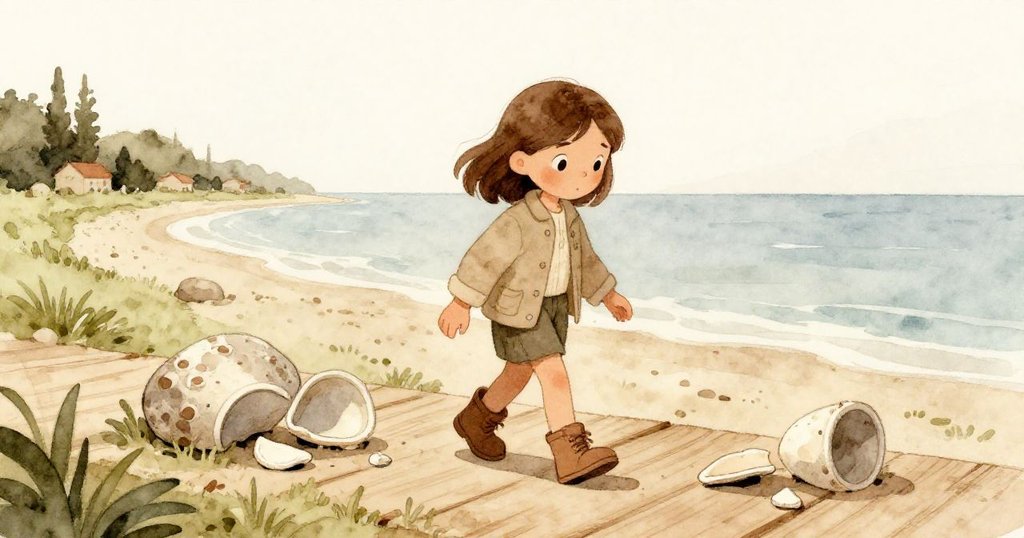 戴娜平靜走回海邊木板，將回收碎片與同伴輕置石上，景致柔和寧靜，情緒由緊張轉為舒緩。