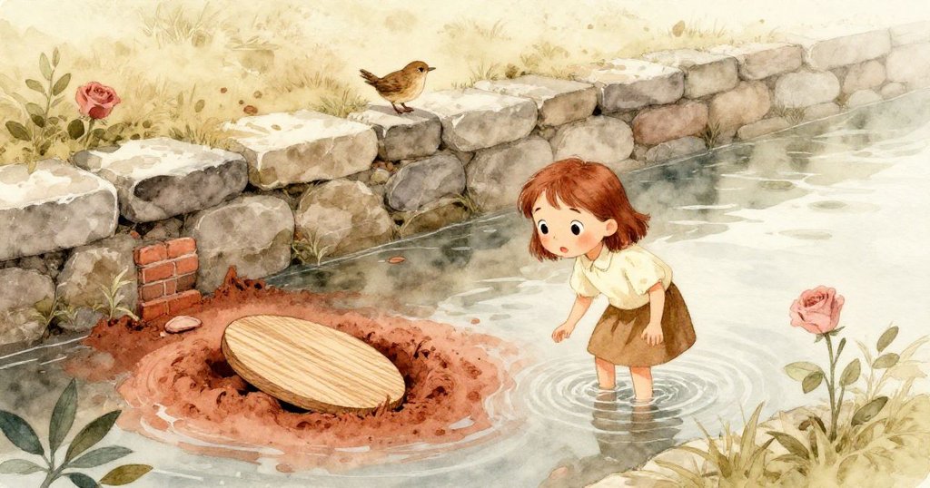 溫暖晨光中，Wren在石邊小溪撿葉，驚奇地發現被磚紅淤泥包圍的木盤，畫面充滿期待與奇幻感。