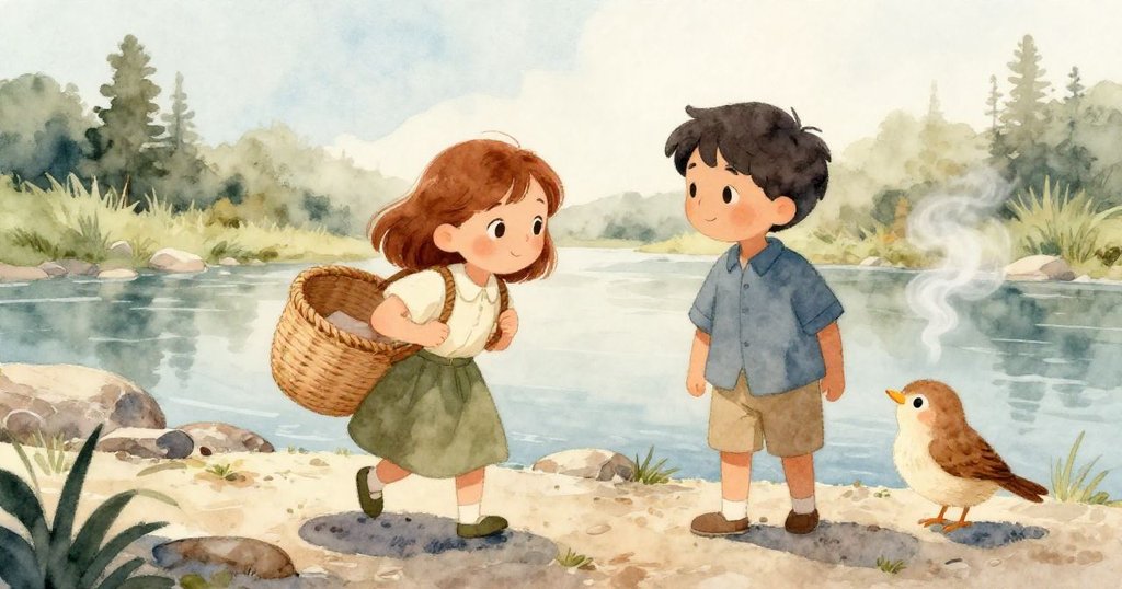 Oscar踏入靜謐河岸，手提蘆葦籃，其影子與Wren並肩，晨風輕拂水面，兩人共同探索神秘發現。