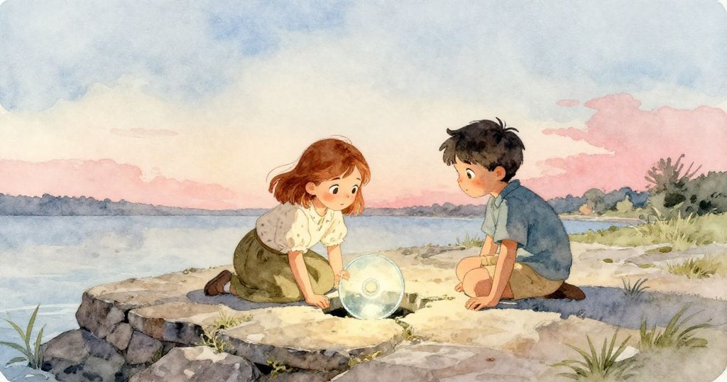 Wren和Oscar在石岸上默契對視，Wren將晶亮玻璃盤安放於缺口中，夕光中透露著新發現與未來希望。