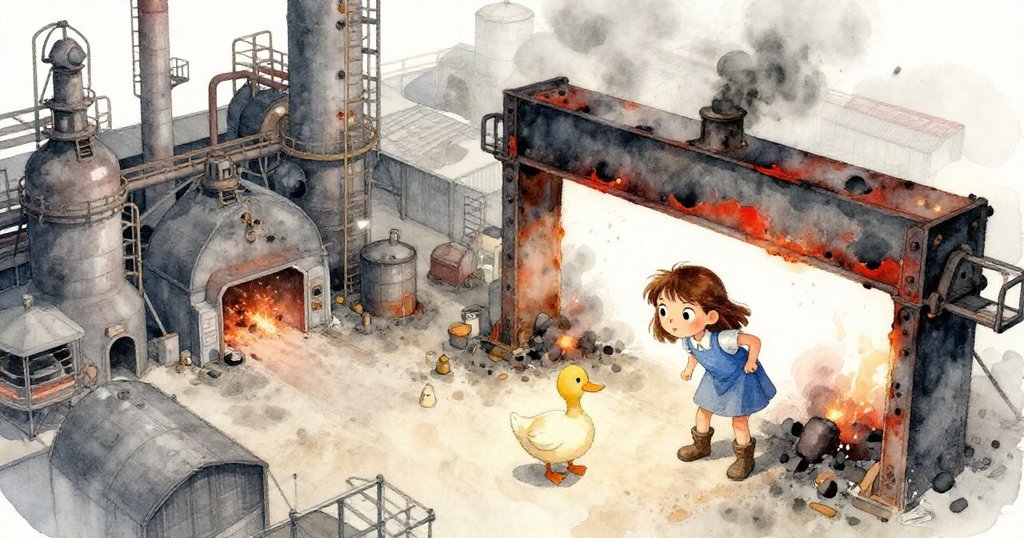 Viola急速躲避炙熱鐵架,踩入陰暗熔爐院落,表情既好奇又堅定,背景灰白與橘紅交織展開開篇冒險。