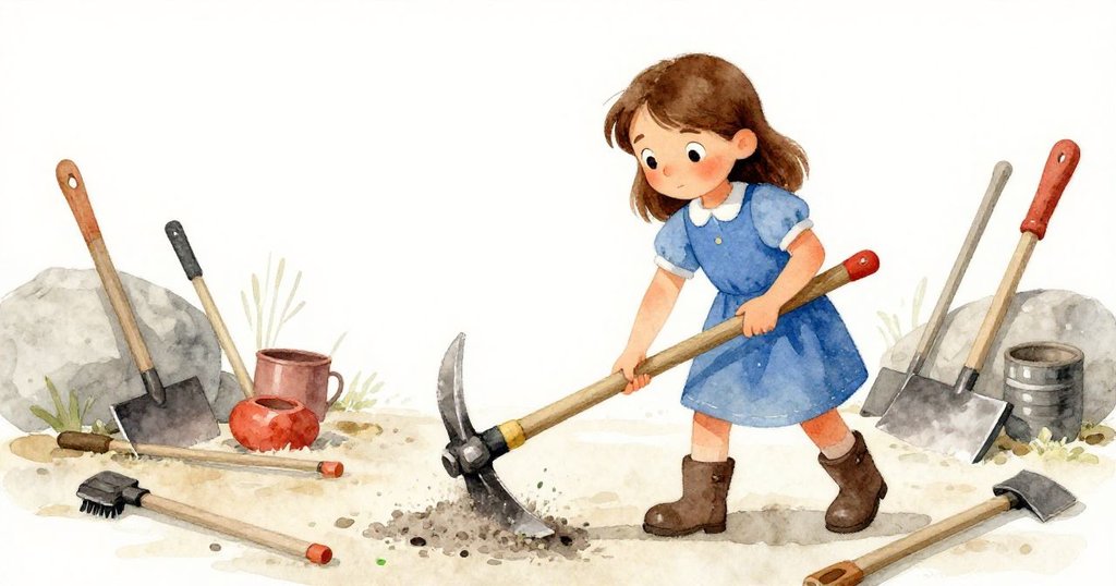 Viola小心拂去鍛造工具上炭灰,凝視沧桑鏽跡中隱約浮現的綠色光輝,展現探索與轉化的核心發現。