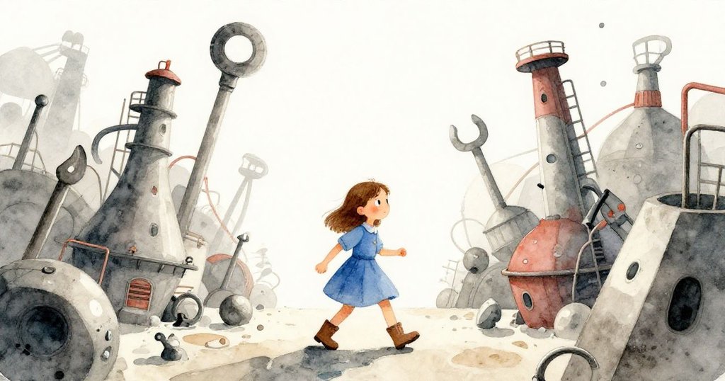 Viola站在扭曲空間中穿梭奇異工具,環境彷如夢幻現實交融,表情專注驚訝,代表探索轉折與高潮。