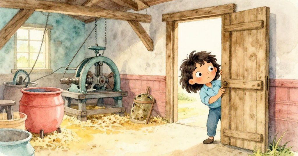 奧珀好奇地從木門觀望工坊內忙碌機器，她的眼中流露探索與驚奇，環境充滿溫暖與神秘氣氛。