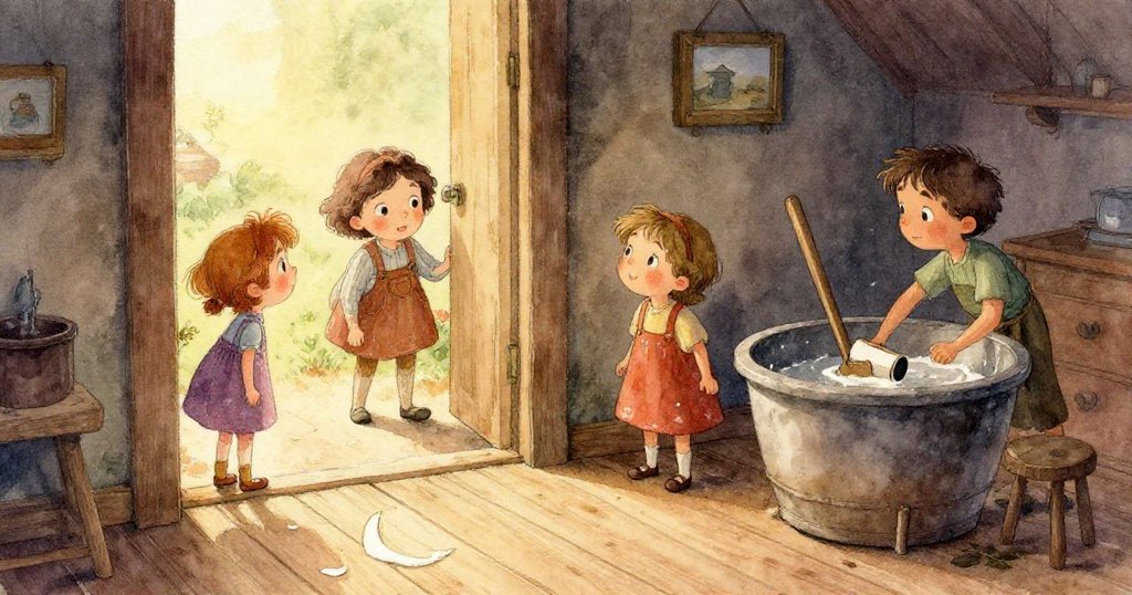 奧珀蹲下檢視地板上微濕的弦月狀漬痕，她溫柔地觸碰痕跡，細節生動呈現舊木紋和過往氣息。