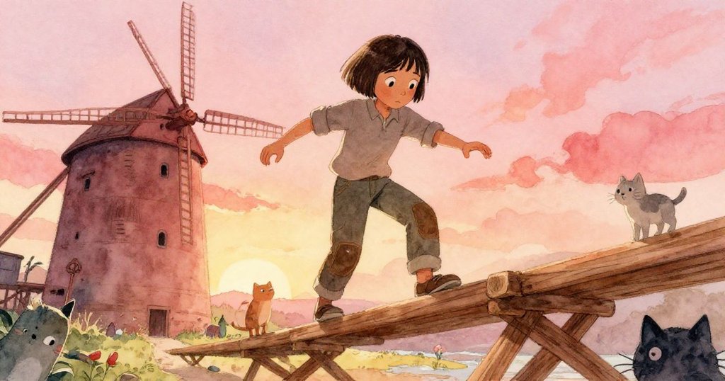 戴爾從低角度忙碌於貓道上調整木架，巨大機械背景充滿古工坊獨特紋理，他神情專注且環境充滿溫暖光影。