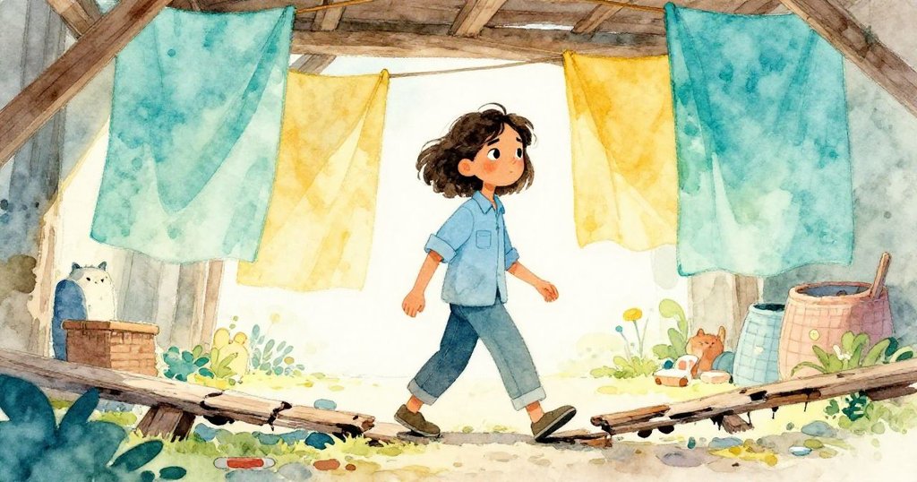 奧珀堅定行走於吱嘎作響的通道上，頭頂乾燥樓層輕揚布幕，機械低鳴與光影交織映出她果敢神情。