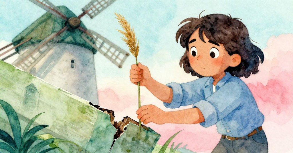 奧珀聚精會神地將細長蘆葦嵌入橫樑裂縫，她專注的面容與輕彎蘆葦顯示出堅毅與希望。