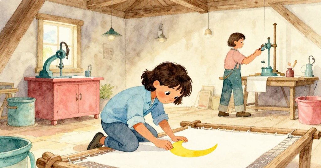 工坊恢復寧靜，奧珀跪於地板清理舊痕，細心覆蓋新漿痕，戴爾在旁調整機械，呈現和諧解決情景。